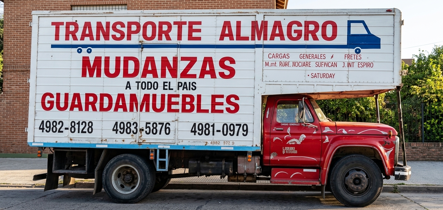 Local de Transportes Almagro con cartelería de Mudanzas, Fletes y Guardamuebles