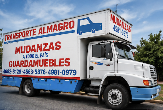 Camión de Transportes Almagro con su cartelería: Transporte Almagro, Mudanzas a todo el país, Guardamuebles